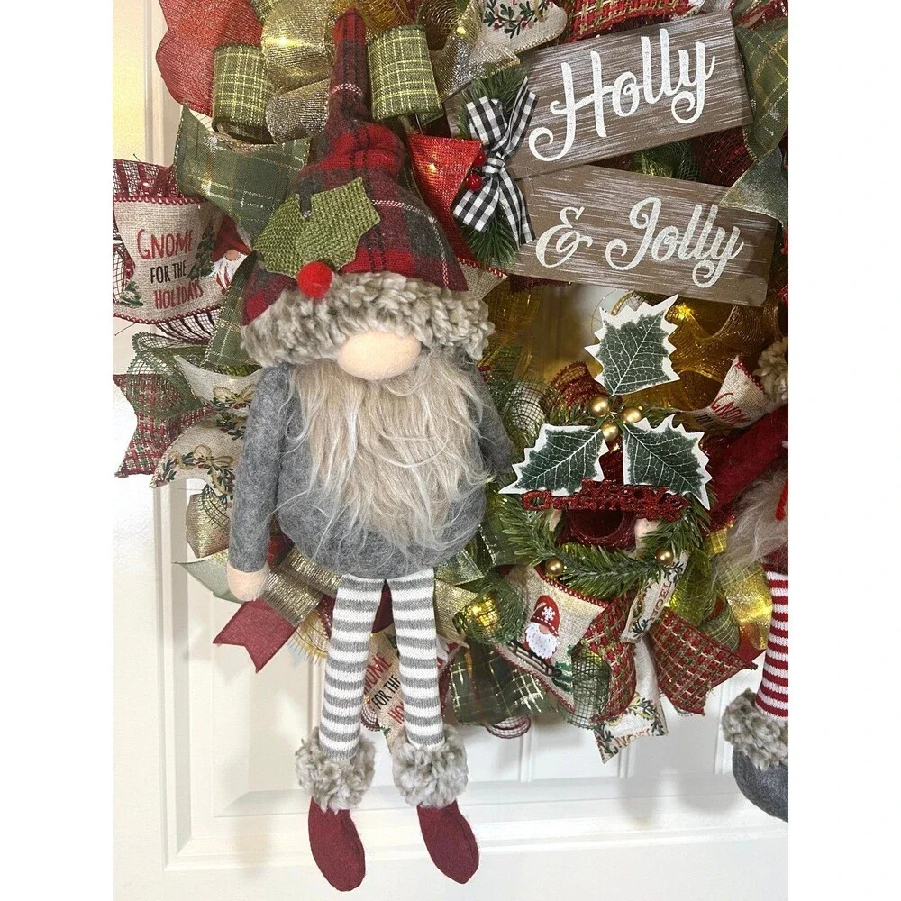 Handmade Winter Holly Berry Gnome Holiday Ribbon Door Wreath 22 ins W73